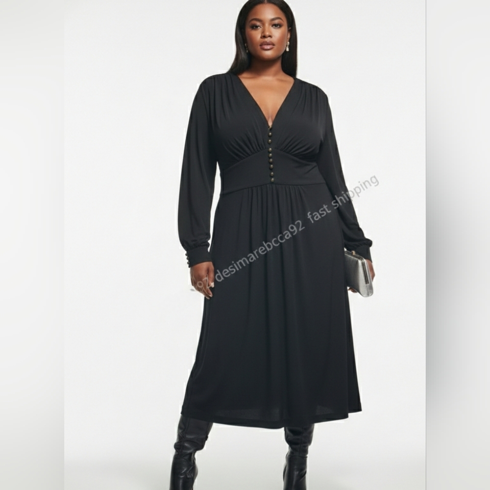 Vicky Tiel Black V-Neck Midi Dress - Bronze Button Detail - Size L